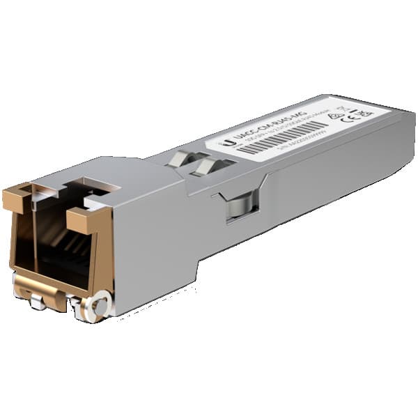Ubiquiti UACC-CM-RJ45-MG SFP+ to RJ45 adapter, 12.5510 GbE is a RJ45 transceiver that can be inserted into an SFP port in order to connect
